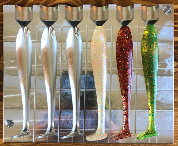 4 Inch Slick Swim Paddle Tail Swimbait (No Hook Slots) - 6 Cavity Top Shoot soft plastic bait mold by Epic Bait Molds